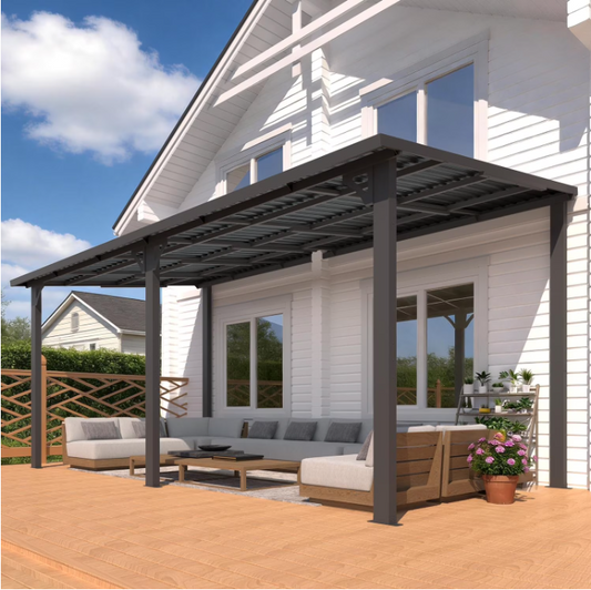 AECOJOY 16'x8' Outdoor Hardtop Gazebo, Lean-to Galvanized Steel Wall Mounted Pergola, Heavy Duty Patio Roof Awnings for Decks & Grill Use