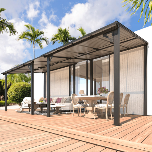 YODOLLA 8' x18' Hardtop Gazebo Outdoor Wall-Mounted Aluminum Pergola for Garden, Patio, Backyard-Gray