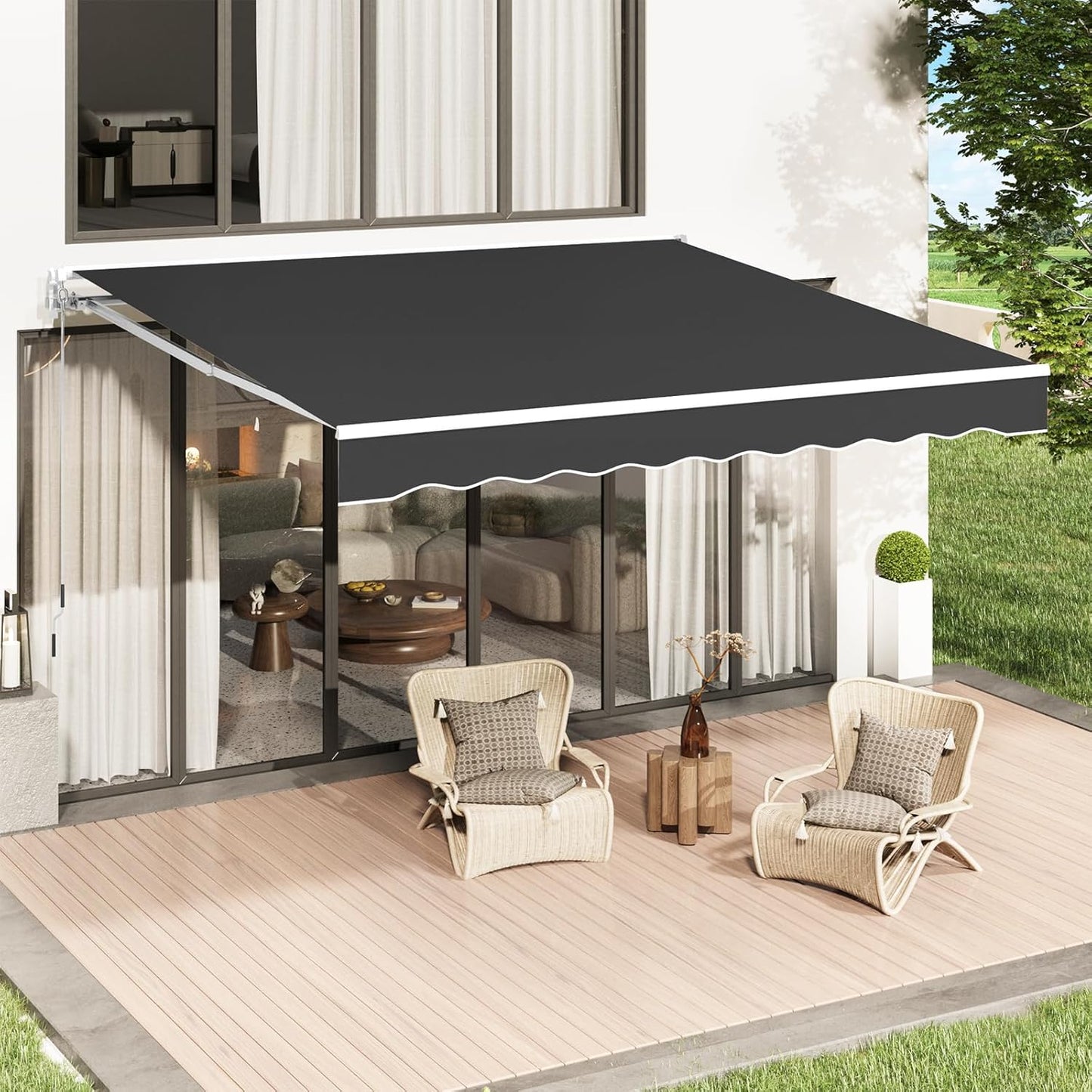 YODOLLA 13'×9.8' Manual Retractable Awning Sun Shade Patio Awning Cover Outdoor Patio Canopy Sunsetter Deck Awnings with Manual Crank Handle, Black