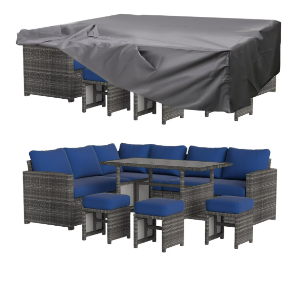 YODOLLA 7-Piece Patio Funiture Set w/ Dining Table, Outdoor Sectional Sofa Couch with Weatherproof Protection Cover, Patio Conversation Set in Gray Rattan& Navy Cushions