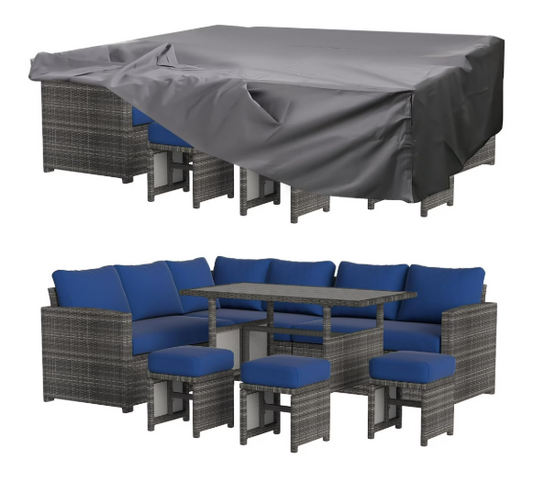 YODOLLA 7-Piece Patio Funiture Set w/ Dining Table, Outdoor Sectional Sofa Couch with Weatherproof Protection Cover, Patio Conversation Set in Gray Rattan& Navy Cushions