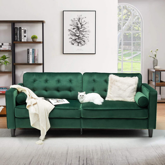 YODOLLA 84.2" Green Velvet Sofa Couch, Mid Century Modern Sofa-Green