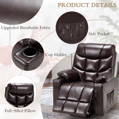 YODOLLA Large Power Lift Recliner for Elderly Heavy Duty Faux Leather Electric Lift Chair with Heated Vibration Massage in Brown