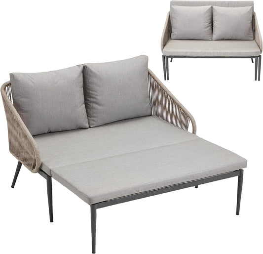 AECOJOY Outdoor Double Chaise Lounge Chair, Convertible Patio Loveseat Sofa Couch with Cushions, All-Weather Wicker/Metal Seating Furniture for Outside, Pool, Balcony, Grey