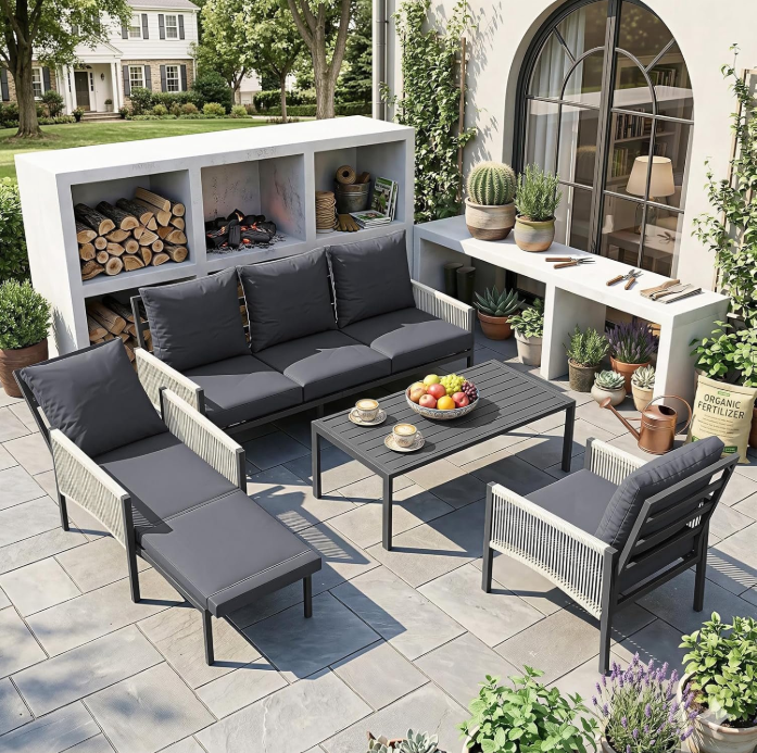YODOLLA 5-Piece Patio Furniture Sets with 2 Retractable Chairs & Coffee Table, Modular Patio Furniture with Cushions,Aluminum Frame, Navy