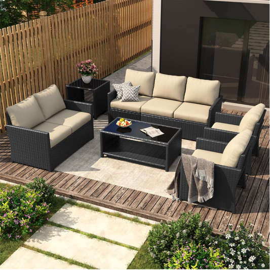 AECOJOY 7 Pieces Outdoor Furniture Set with Two Storage Boxes, Rattan Wicker Sectional Sofa Couch Patio Conversation Set, Black & Biege