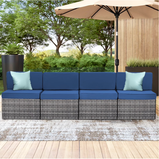 Danrelax 4 Piece Outdoor Patio Furniture Set, Outdoor Sectional Conversation Furniture Chair,Patio Sectional for Garden,Backyard(Navy Cushions and Grey PE Rattan)