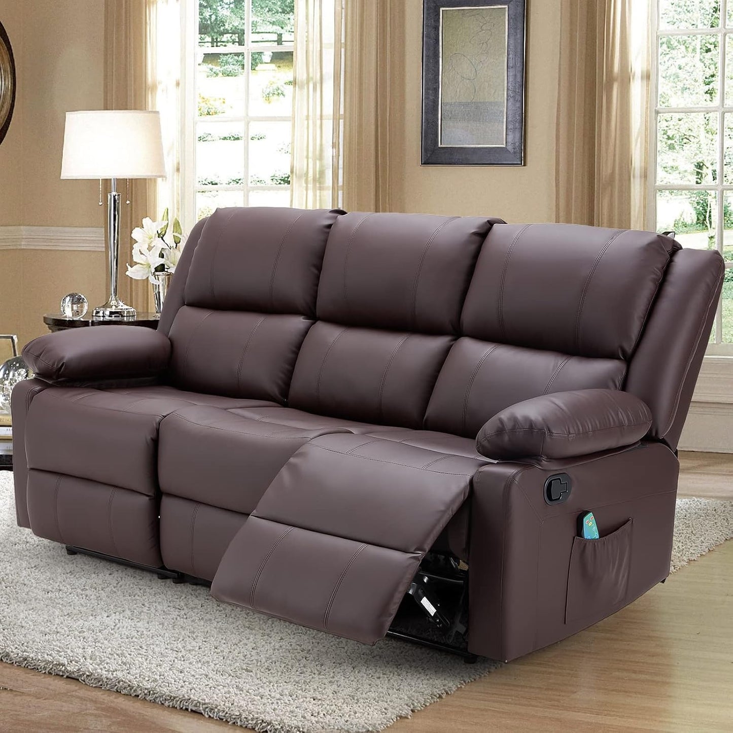 YODOLLA 3 Seat Leather Recliner Sofa with Massage Heated Function, Home Theater Seating Chair in Brown