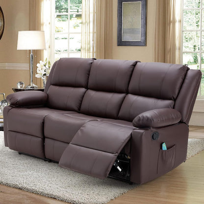 YODOLLA 3 Seat Leather Recliner Sofa with Massage Heated Function, Home Theater Seating Chair in Brown