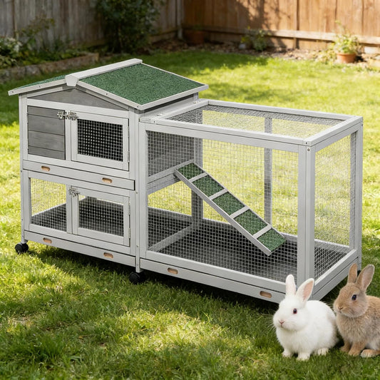 YODOLLA Rabbit Hutch 61.5", Two-Story Outdoor Wooden Bunny Cage with Wheels