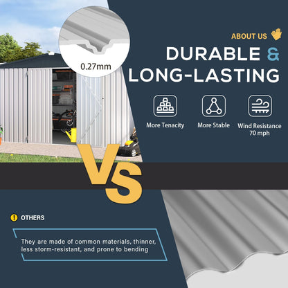 YODOLLA 10' x 14' Outdoor Storage Shed with Lockable Door Patio Metal Garden Storage Building in White for Garden, Outside& Backyard