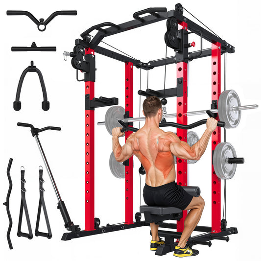 YODOLLA Power Rack Cage, 2000lbs Squat Rack with LAT Pulldown and Cable Crossover Machine, Multi-Function Home Gym Strength Training Equipment with Pulley System