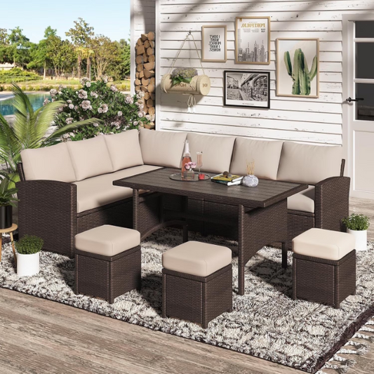 AECOJOY 7 Piece Patio Furniture Set PE Rattan Outdoor Dining Set Sectional Sofa Couch with Table Patio Conversation Set in Beige