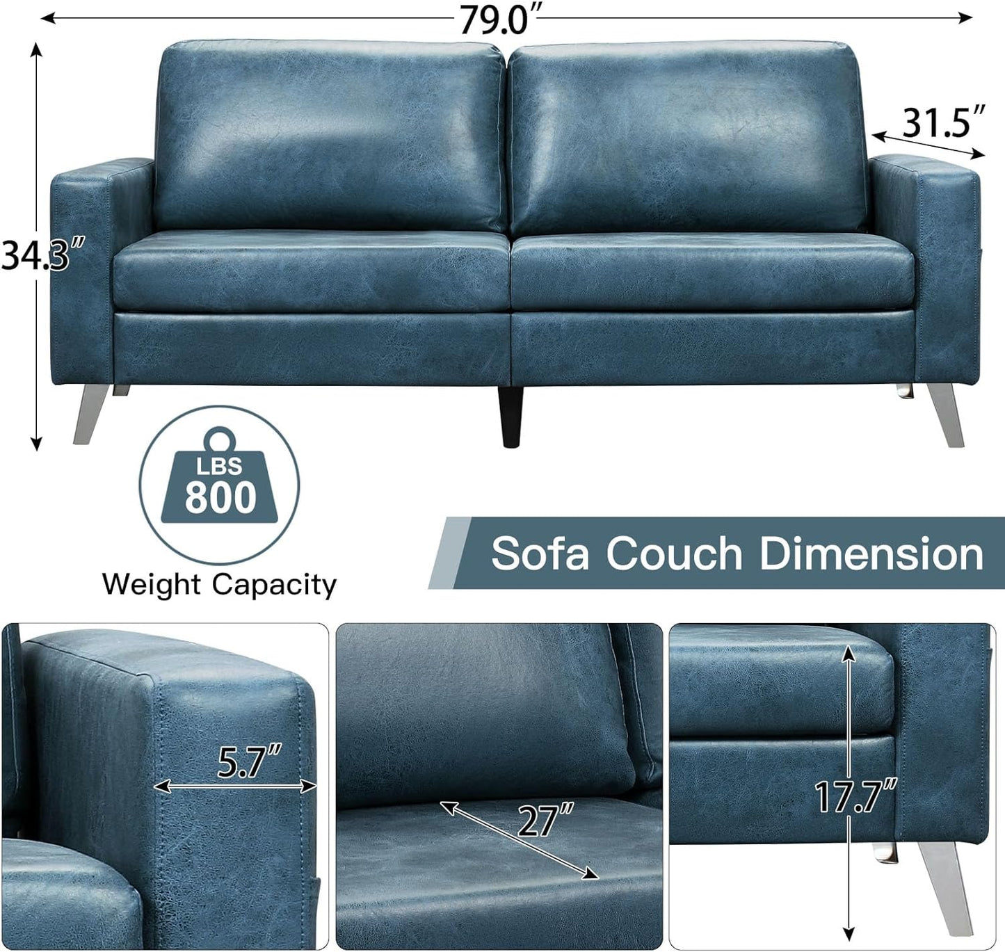 YODOLLA 2 Piece Modern Faux Leather Couch And Loveseat Set Blue