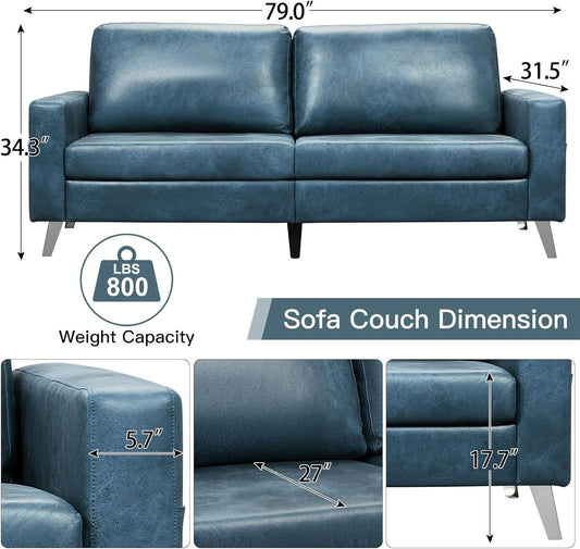 YODOLLA 2 Piece Modern Faux Leather Couch And Loveseat Set Blue