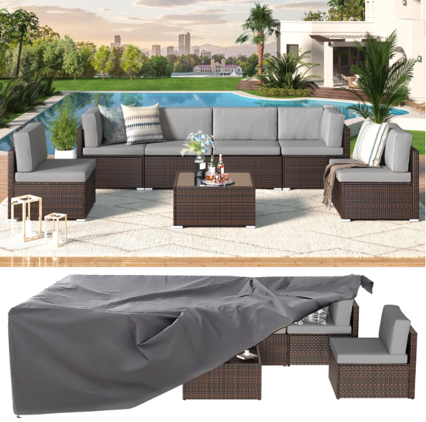 YODOLLA 7-Piece Patio Furniture w/ Protection Cover, Outdoor Sectional Sofa Couch w/ Coffee Table, Patio Conversation Set in Brown Wicker& Gray Cushions