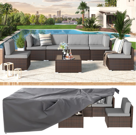 YODOLLA 7-Piece Patio Furniture w/ Protection Cover, Outdoor Sectional Sofa Couch w/ Coffee Table, Patio Conversation Set in Brown Wicker& Gray Cushions