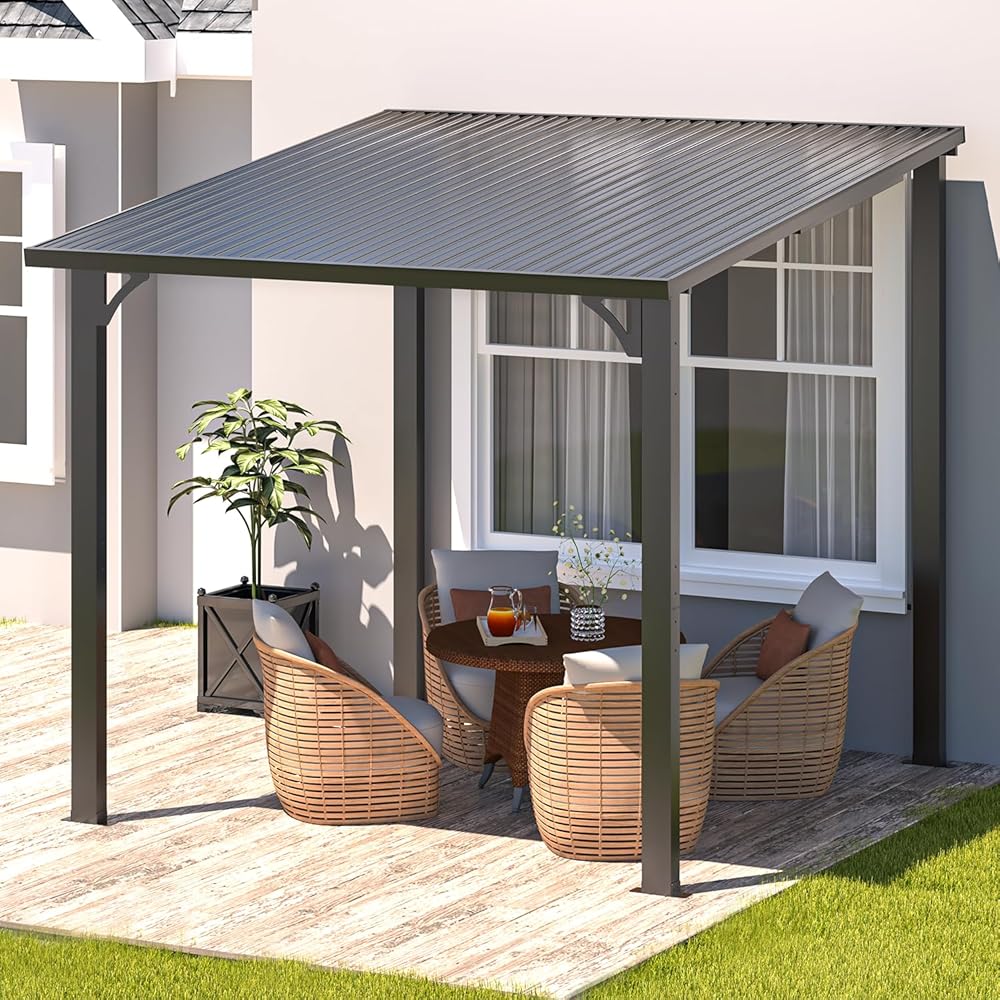 AECOJOY 8' x 8' Hardtop Patio Gazebo Wall Mounted, Heavy Duty Outdoor Pergola on Clearance with Galvanized Steel Roof, Waterproof Metal Grill Gazebo for Backyard
