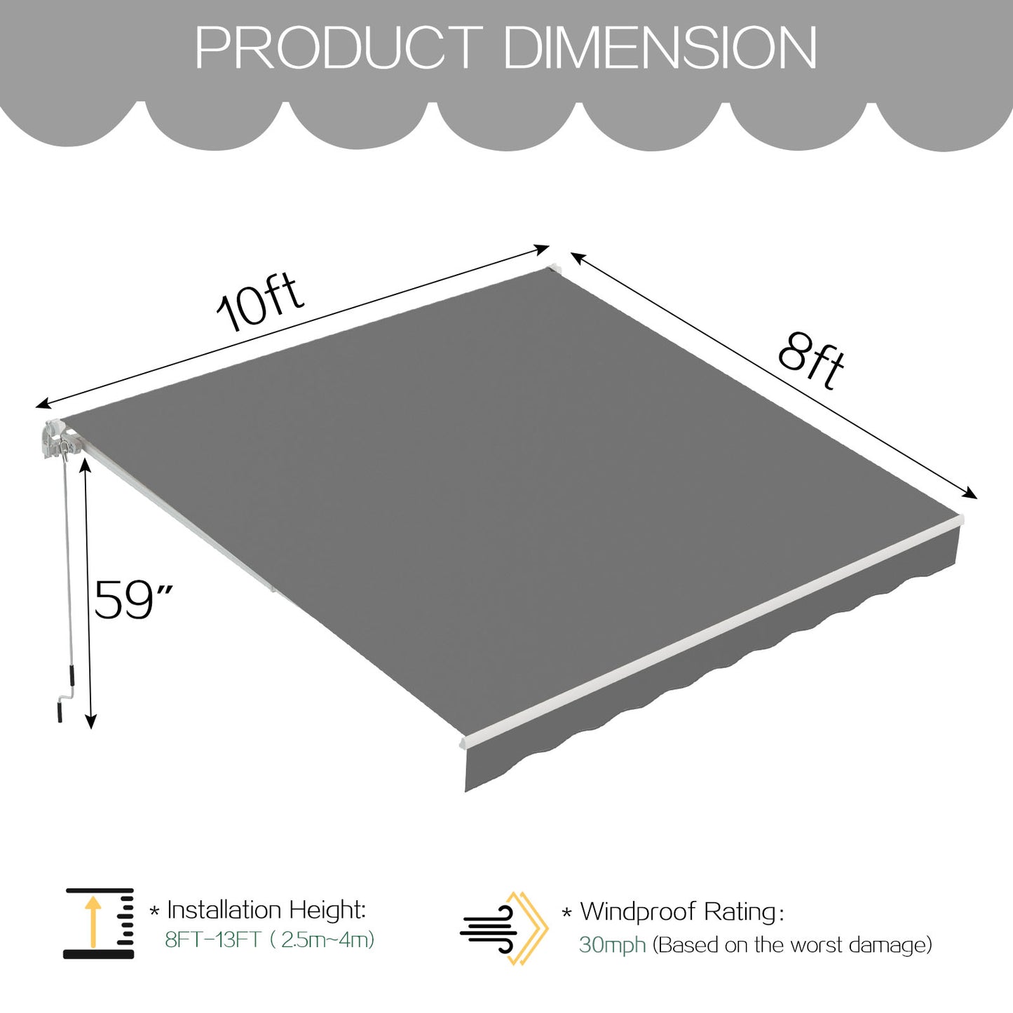 AECOJOY 10x8FT Outdoor Awning, Patio Sun/Rain Shelter w/Manual Crank, Grey