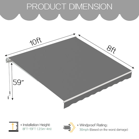 AECOJOY 10x8FT Outdoor Awning, Patio Sun/Rain Shelter w/Manual Crank, Grey