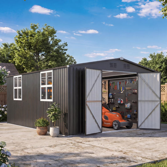 YODOLLA 12' x 18' Metal Outdoor Storage Shed with Windows, Large Steel Tool Shed Storage Building for Garden, Patio, Backyard in Dark Grey