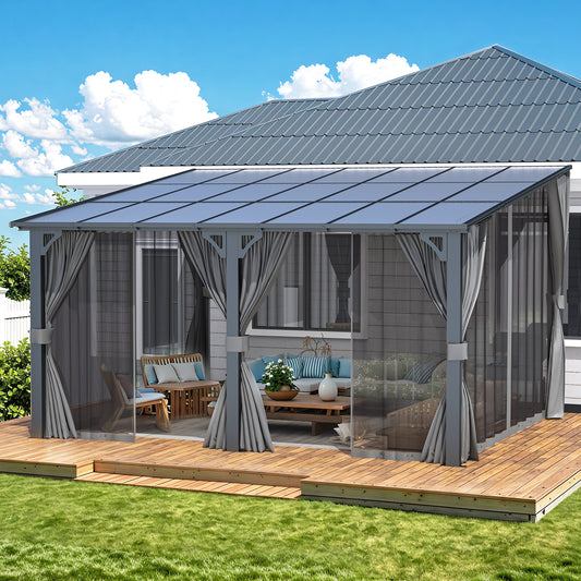 YODOLLA 14' x 12' Outdoor Hardtop Gazebo With Mosquito Net, Pergola for Garden, Patio, Backyard-Dark Grey