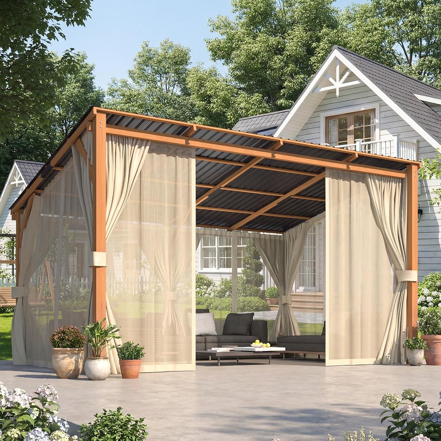 YODOLLA 14' x 10' Wall-Mounted Outdoor Wood Gazebo, Hardtop Cedar Pergola with Curtains and Netting for Patio or Backyard
