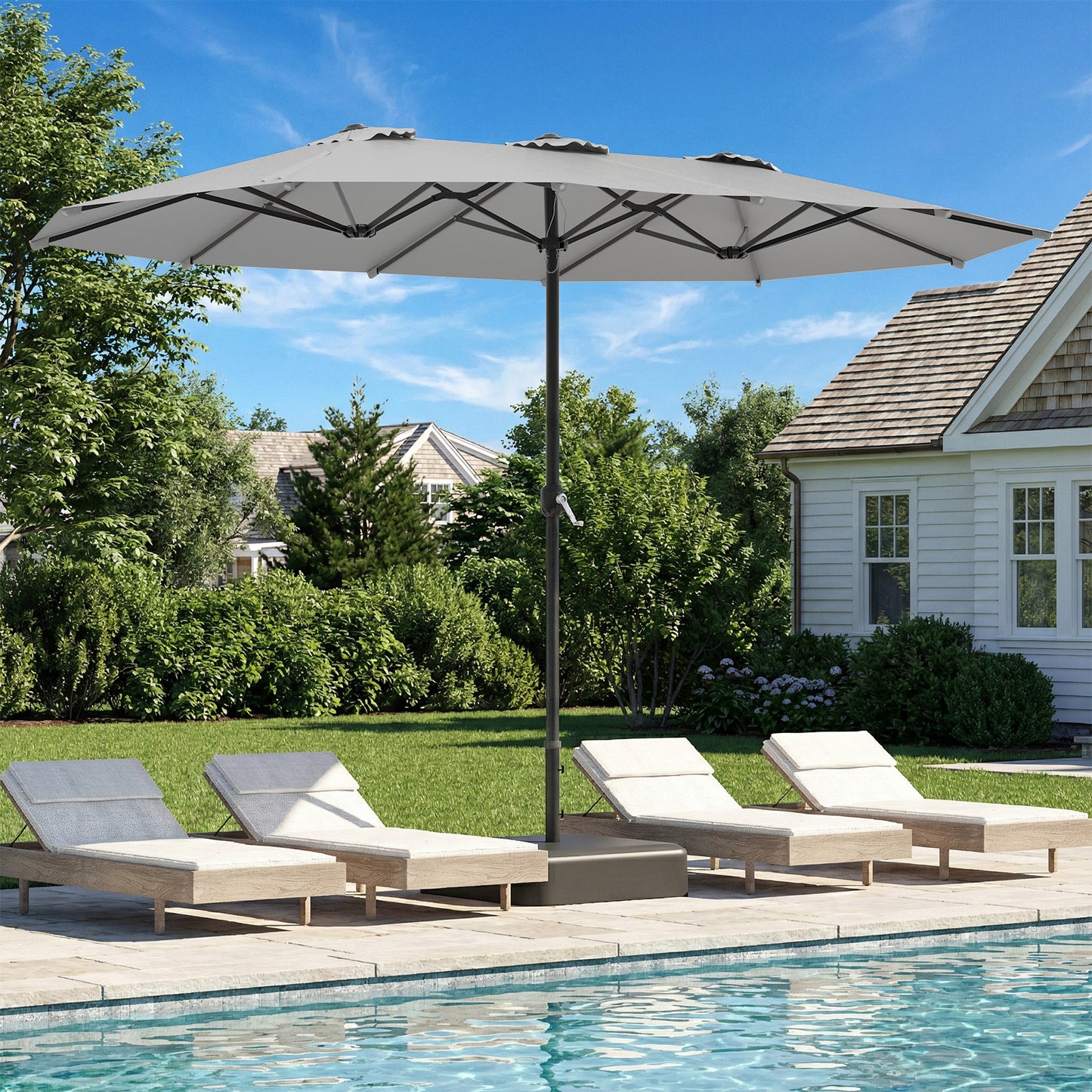 YODOLLA 15 x 9 ft Patio Umbrella with Base, Double-Sided Rectangular Market Umbrella with Crank Handle, 1.9" Pole, Dark Gray