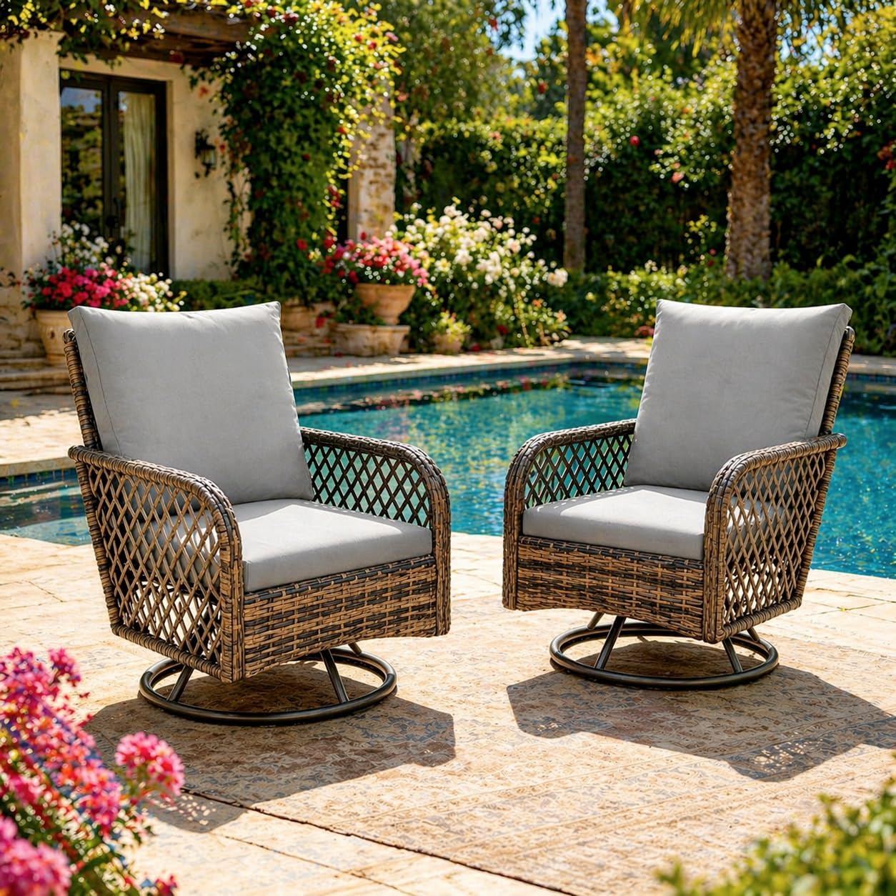 YODOLLA 2PCS Dark Grey Wicker Patio Chairs, High Back Swivel Glider Outdoor Conversation Set