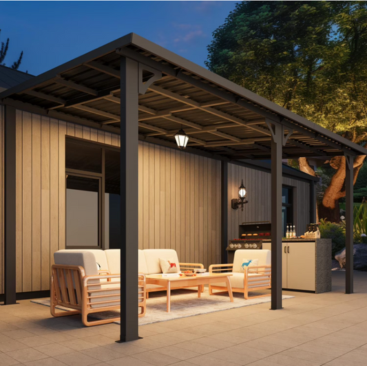 AECOJOY 16' x 8' Hardtop Patio Gazebo Wall Mounted, Heavy Duty Outdoor Pergola on Clearance with Galvanized Steel Roof, Waterproof Metal Grill Gazebo for Backyard
