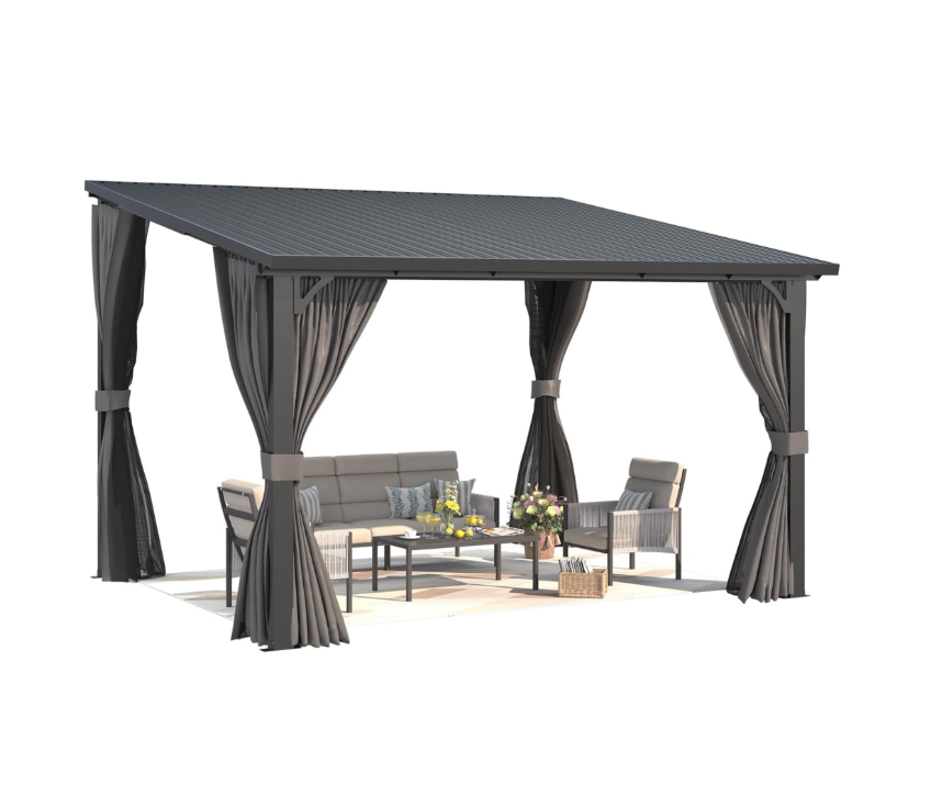 AECOJOY 12' x 10' Hardtop Patio Gazebo with Curtains and Netting, Wall Mounted Heavy Duty Outdoor Pergola on Clearance with Galvanized Steel Roof, Waterproof Metal Grill Gazebo for Backyard