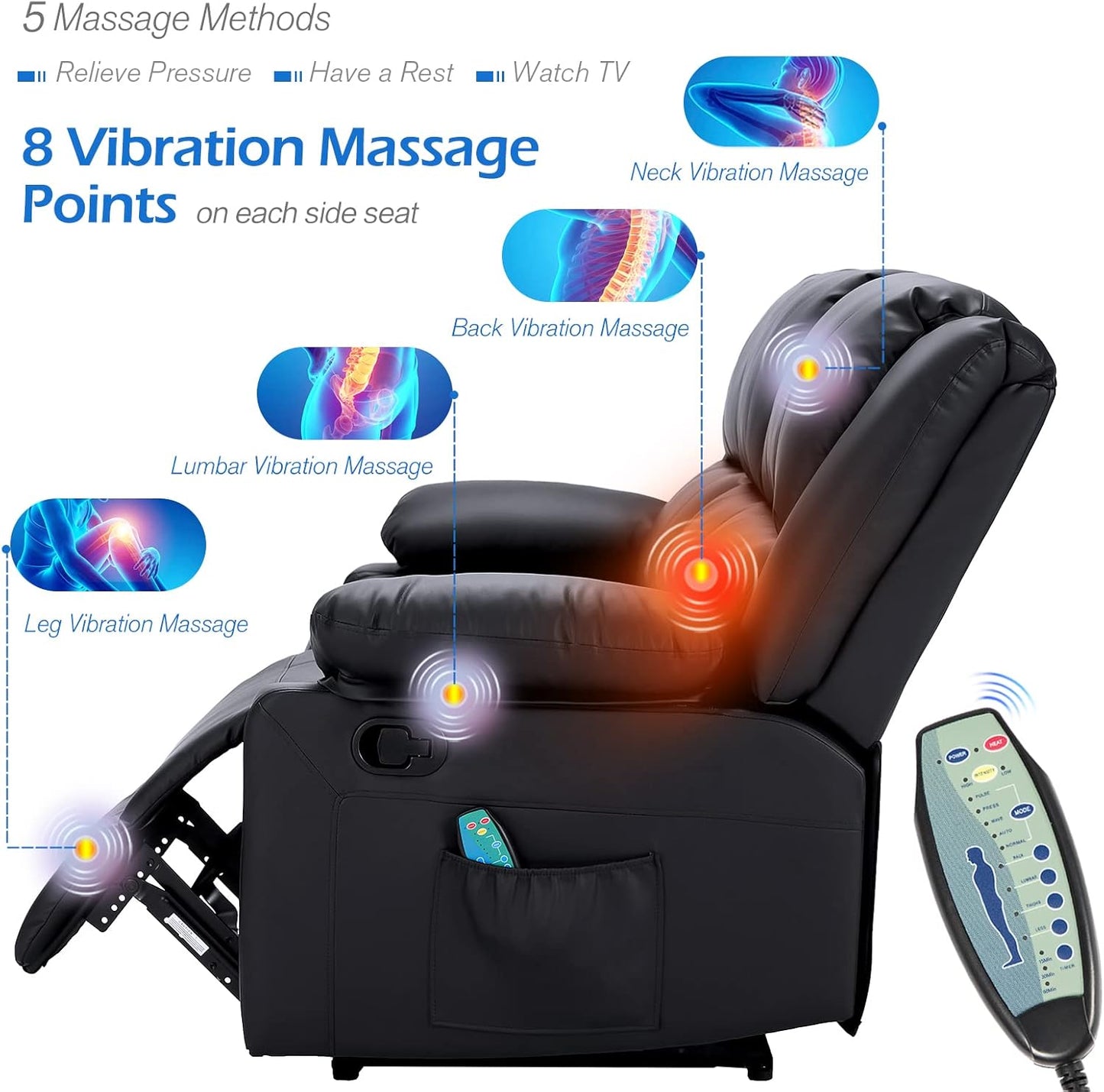 YODOLLA 3 Seat Leather Recliner Sofa with Massage Heated Function, Home Theater Seating Chair in Black