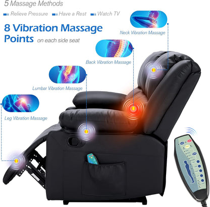 YODOLLA 3 Seat Leather Recliner Sofa with Massage Heated Function, Home Theater Seating Chair in Black