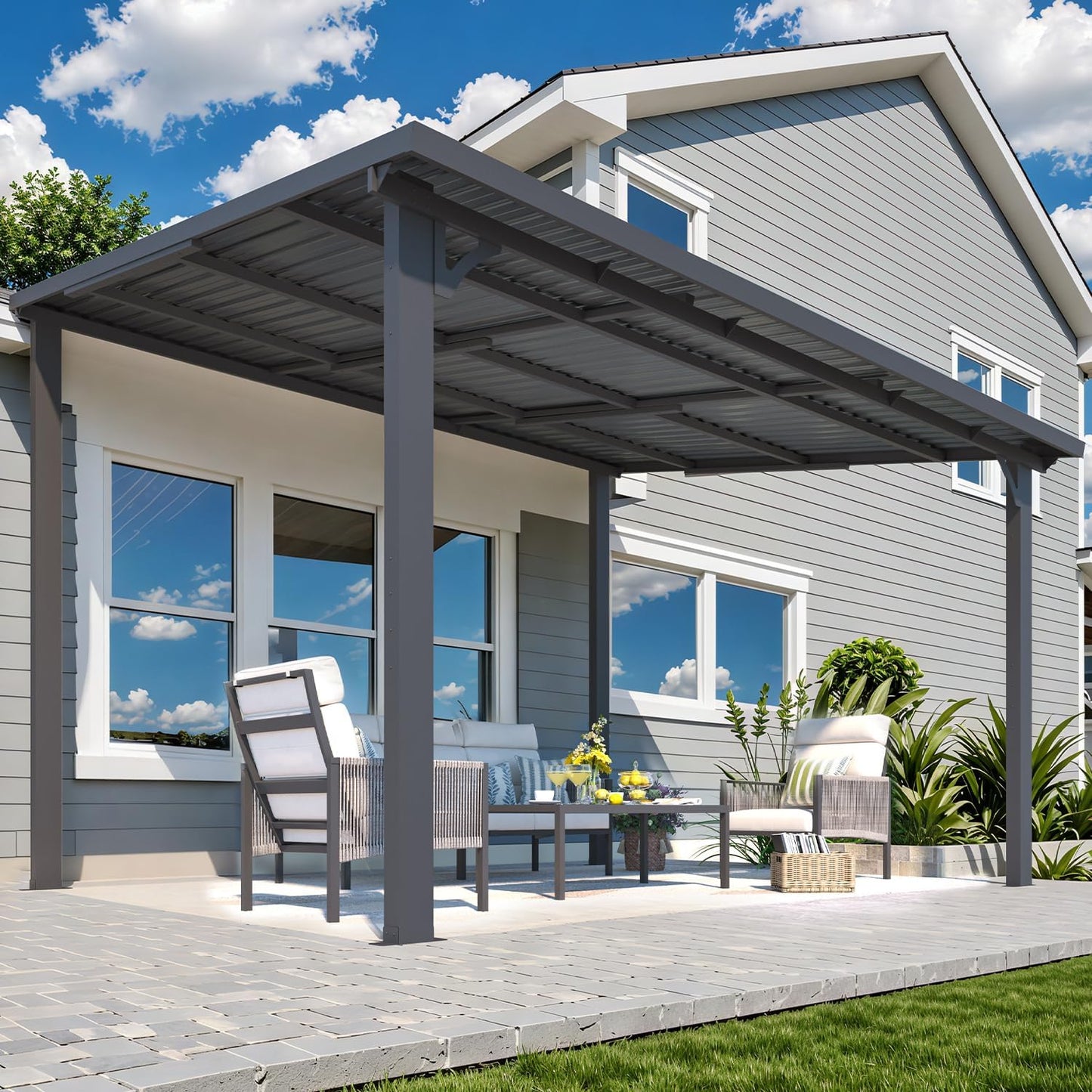 AECOJOY 12' x 10' Hardtop Pergola Gazebo, Wall-Mounted Heavy-Duty Lean-To Metal Awning with Galvanized Steel Roof for Patio Outdoor Use