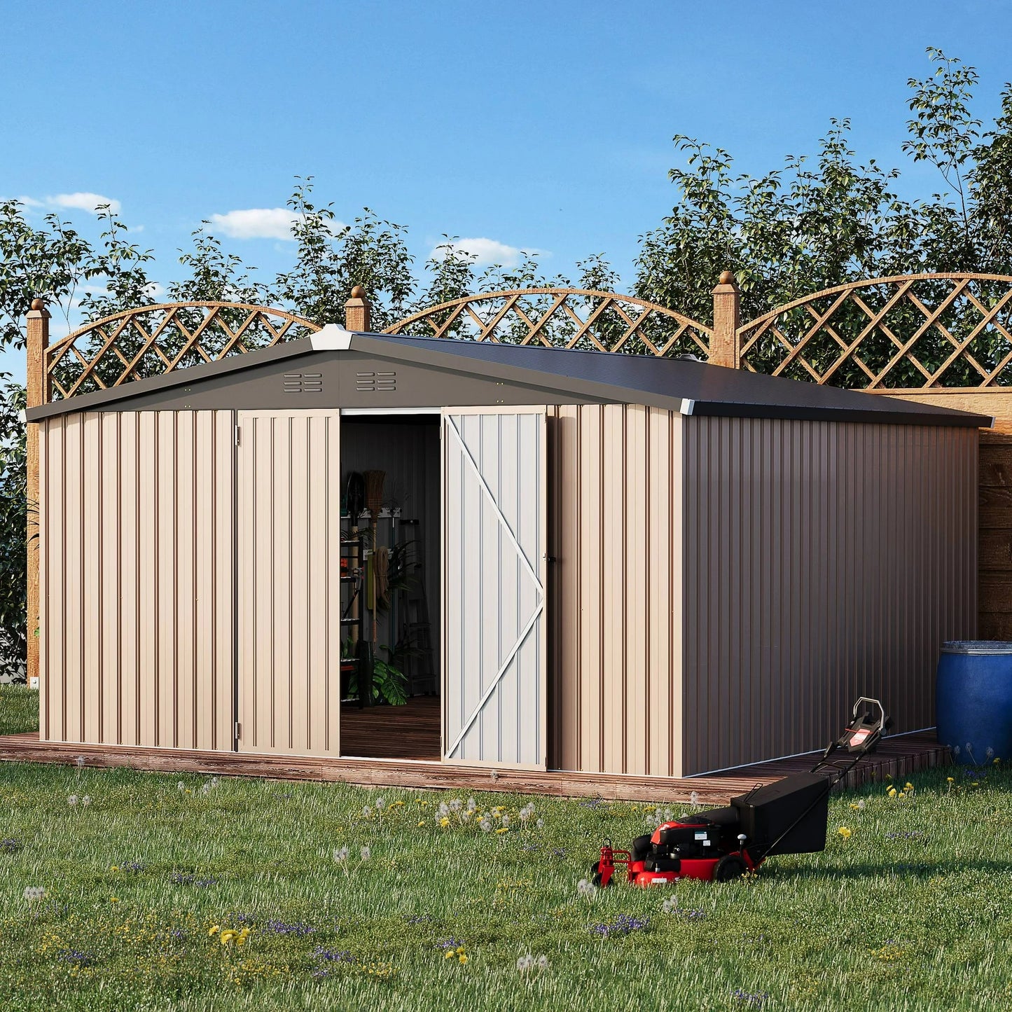 AECOJOY 12' x 12' Outdoor Metal Storage Shed with Lockable Door for Backyard& Patio, Outside use