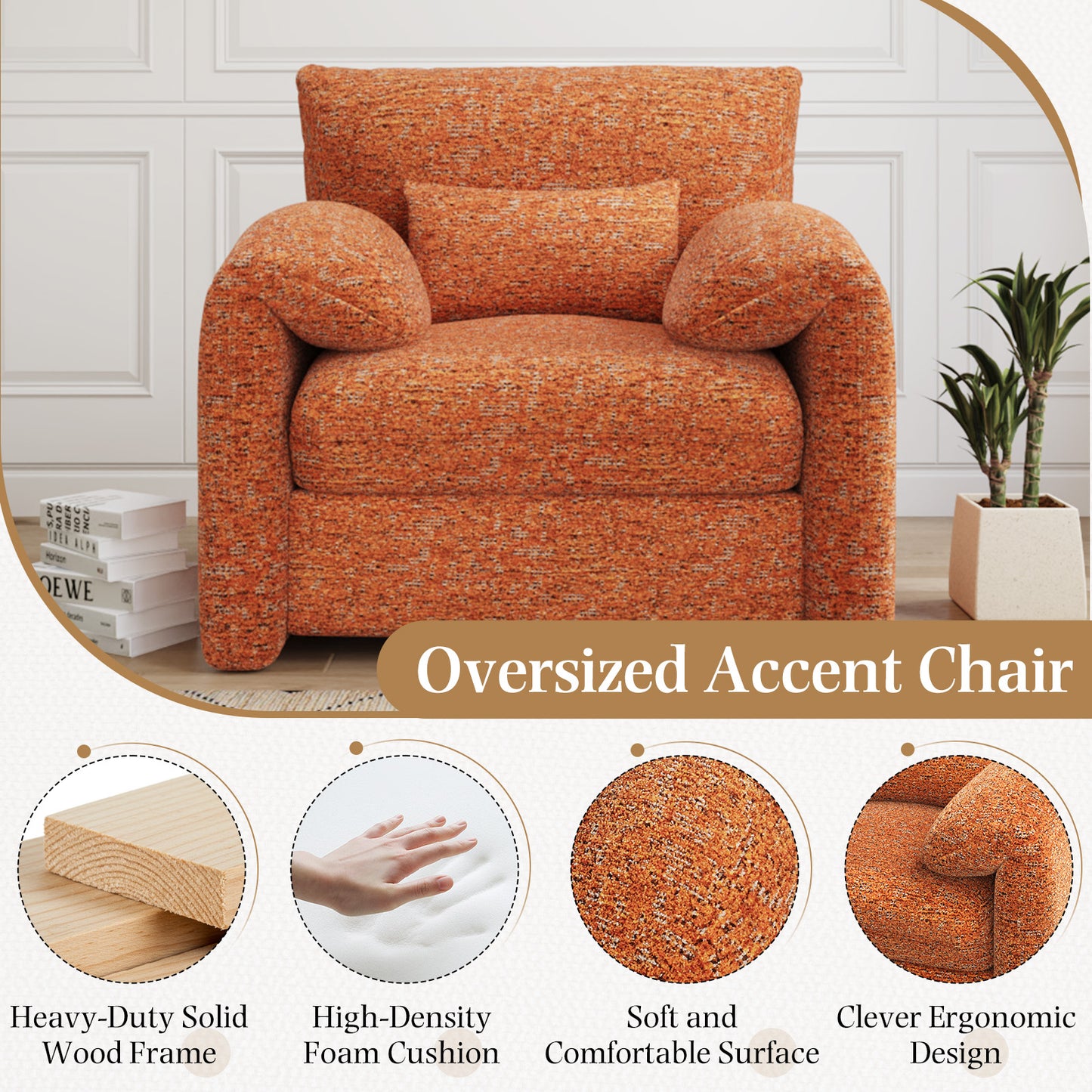 YODOLLA Oversized Accent Chair for Living Room, 36.2'' Chenille Mid Century Reading Chair in Orange