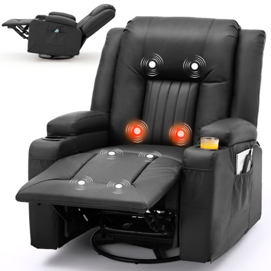 YODOLLA Massage Manual Recliner Chair with Heat and Vibration Massage, PU Leather Swivel Rocker Recliner Chair for Adults with 2 Cup Holders, Remote Control-Black