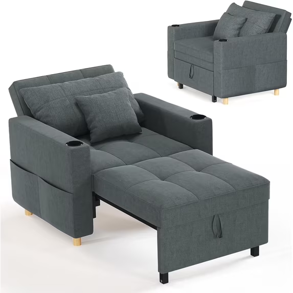 AECOJOY Sofa Bed, 38" Extra-Wide 3-in-1 Convertible Pull-Out Single Sofa with Adjustable Backrest and Cup Holder, Dark Grey