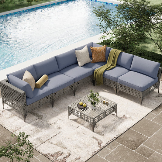 YODOLLA 7-Piece Patio Furniture Set with Tea Table, Rattan Wicker Outdoor Sectional Furniture Sofa Conversation Set, Grey Rattan&Blue Cushions