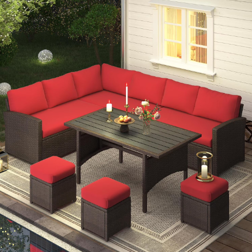 YODOLLA 7-Piece Patio Funiture Set, Outdoor Sectional Sofa Couch with Dining Table, Brown Rattan with Red Cushions