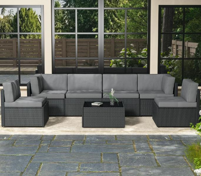 Danrelax 7-Piece Outdoor Sectional Sofa Patio Conversation Set, PE Rattan Wicker Furniture, Steel Frame in Gray w/ Gray Rattan