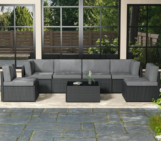 Danrelax 7-Piece Outdoor Sectional Sofa Patio Conversation Set, PE Rattan Wicker Furniture, Steel Frame in Gray w/ Gray Rattan