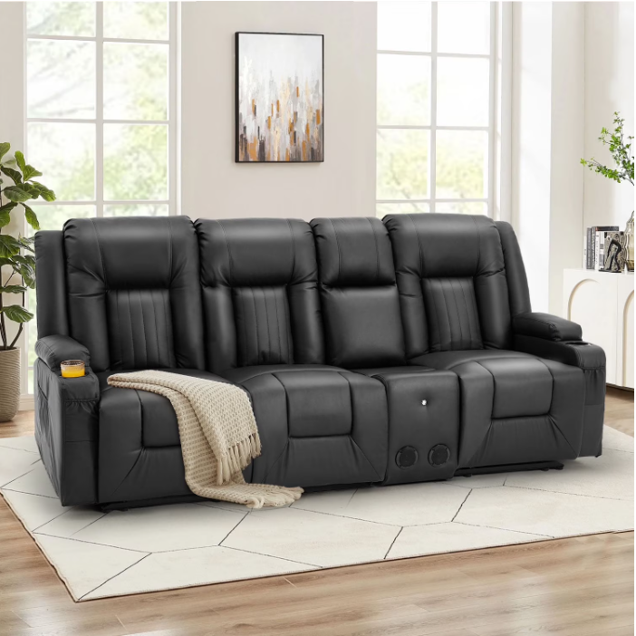 AECOJOY Reclining Sofa with Console&Bluetooth Speakers, Manual RV Recliner Couch with USB Ports&4 Cup Holders, 2 Side Pockets Recliners on Clearance Home Theater Seating, Fuax Leather, Black