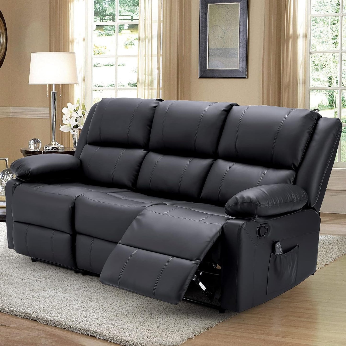 YODOLLA 3 Seat Leather Recliner Sofa with Massage Heated Function, Home Theater Seating Chair in Black