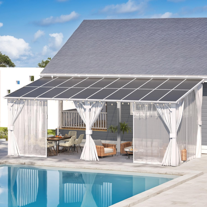 AECOJOY 20'x8' Outdoor Lean to Gazebo Pergola with Curtains and Netting, 8'x20' Large Wall-Mounted Hardtop Gazebo Shelter Pergolas and Gazebos Clearance White