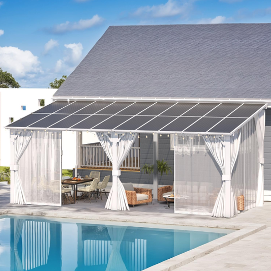AECOJOY 20'x8' Outdoor Lean to Gazebo Pergola with Curtains and Netting, 8'x20' Large Wall-Mounted Hardtop Gazebo Shelter Pergolas and Gazebos Clearance White