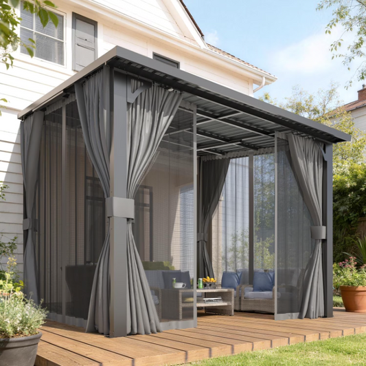 AECOJOY 10' x 8' Hardtop Patio Gazebo with Curtains and Netting, Wall Mounted Heavy Duty Outdoor Pergola on Clearance with Galvanized Steel Roof, Waterproof Metal Grill Gazebo for Backyard