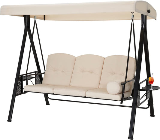 AECOJOY Steel Outdoor Patio Canopy Steel Porch Swing Chair with Cover, Beige
