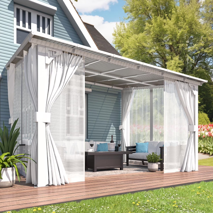 AECOJOY Wall Gazebo 12’ x 10’ with Curtains and Mosquito Netting, 10'x12' Hard Top Gazebos Pergola on Clearance, Outdoor Patio Lean to Gazebo Canopy White