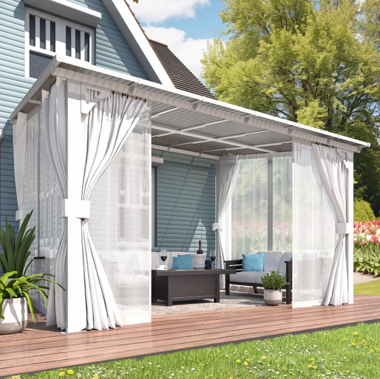 AECOJOY Wall Gazebo 12’ x 10’ with Curtains and Mosquito Netting, 10'x12' Hard Top Gazebos Pergola on Clearance, Outdoor Patio Lean to Gazebo Canopy White